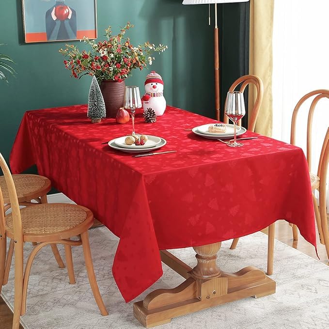 SASTYBALE Christmas Tablecloth Square, Jacquard Table Cloth Spillproof and Wrinkle Resistant with Christmas Tree Patterns for Dining Room & Holiday Decoration (Red, 132 x 132 cm (2-4 Seats))