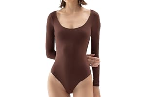 PUMIEY Women's Scoop Neck Long Sleeve Bodysuit Body-hugging Sexy Tops Smoke Cloud Collection