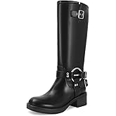 RJYLP Knee High Boots for Women Square Toe Wide Calf Pull On Riding Buckles Boots Chunky Low Heel Biker Riding Boots