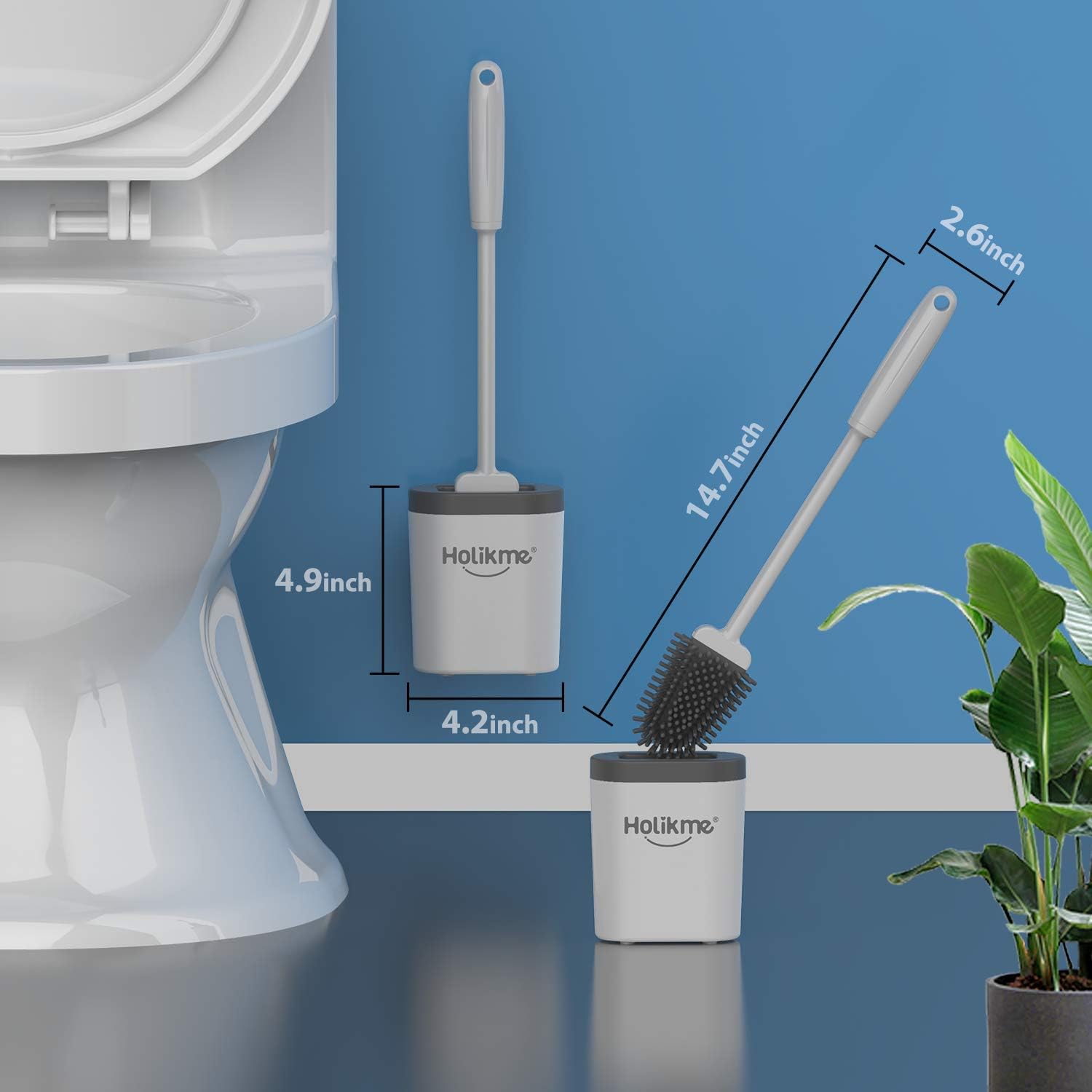 Holikme Silicone Toilet Brush and Holder Set for Bathroom, Deep-Cleaning Toilet Bowl Brush with Non-Slip Long Plastic Handle, Bendable Brush Head to Clean Toilet Corner Easily,Gray: Kitchen & Dining