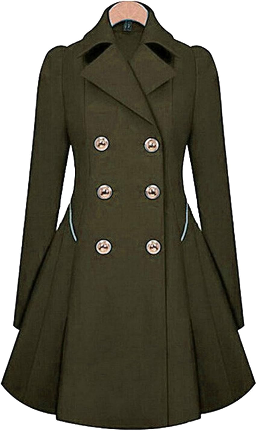 Tanming Women's Notch Lapel Double Breasted Mid Long Trench Coats