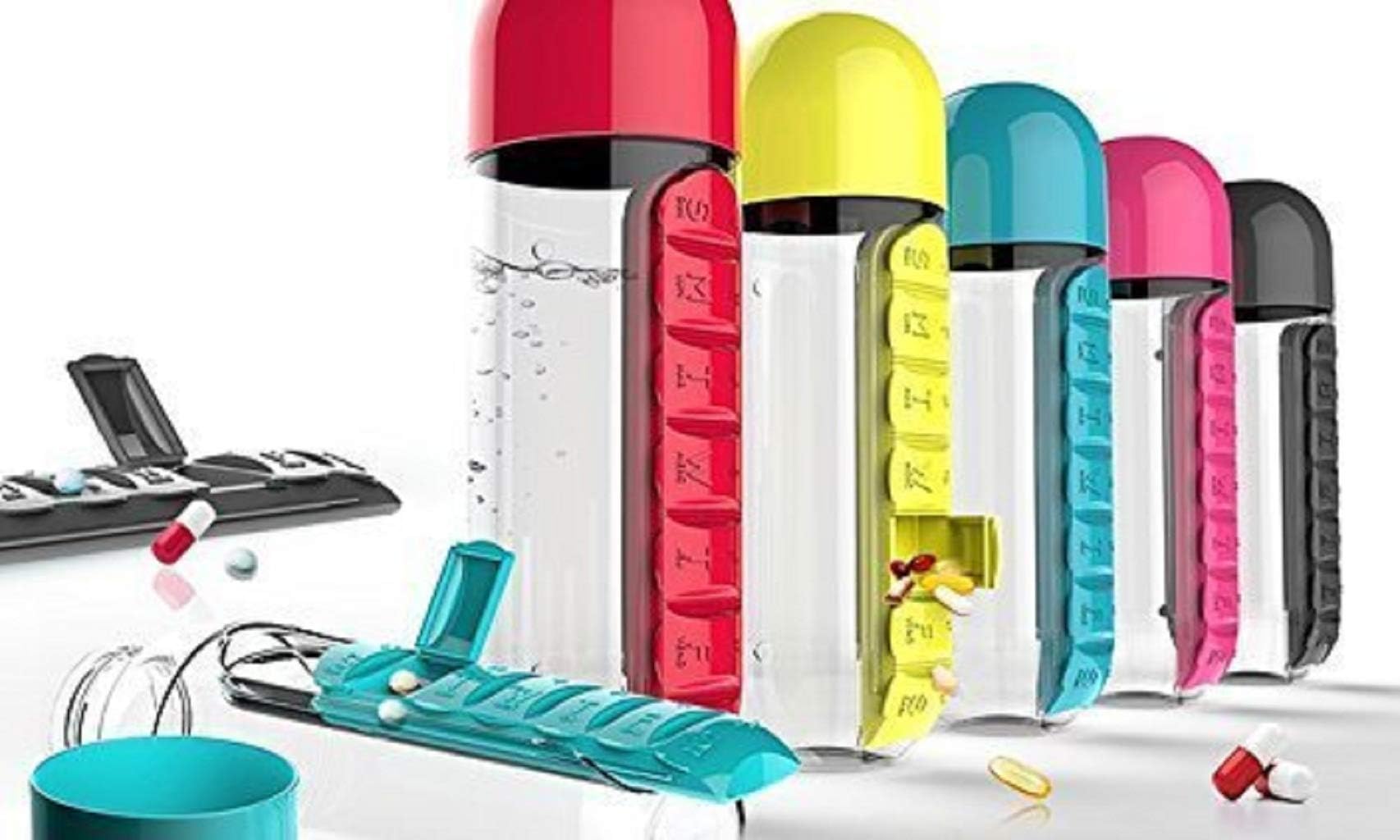 BESTOW® 2 in 1 Weekly Medicine Vitamins 600ML Candy Colors Pill Box Organizer Portable Kit with Water Bottle Seven Compartments and Drinking Cup - Random Colors