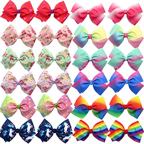 24Pcs Pinwheel Hair Bows for Girls 4.5 Inch Colorful Grosgrain Ribbon Bows with Alligator Hair Clips Pigtail Bows in Pairs for Baby Girls Toddlers Kids Children