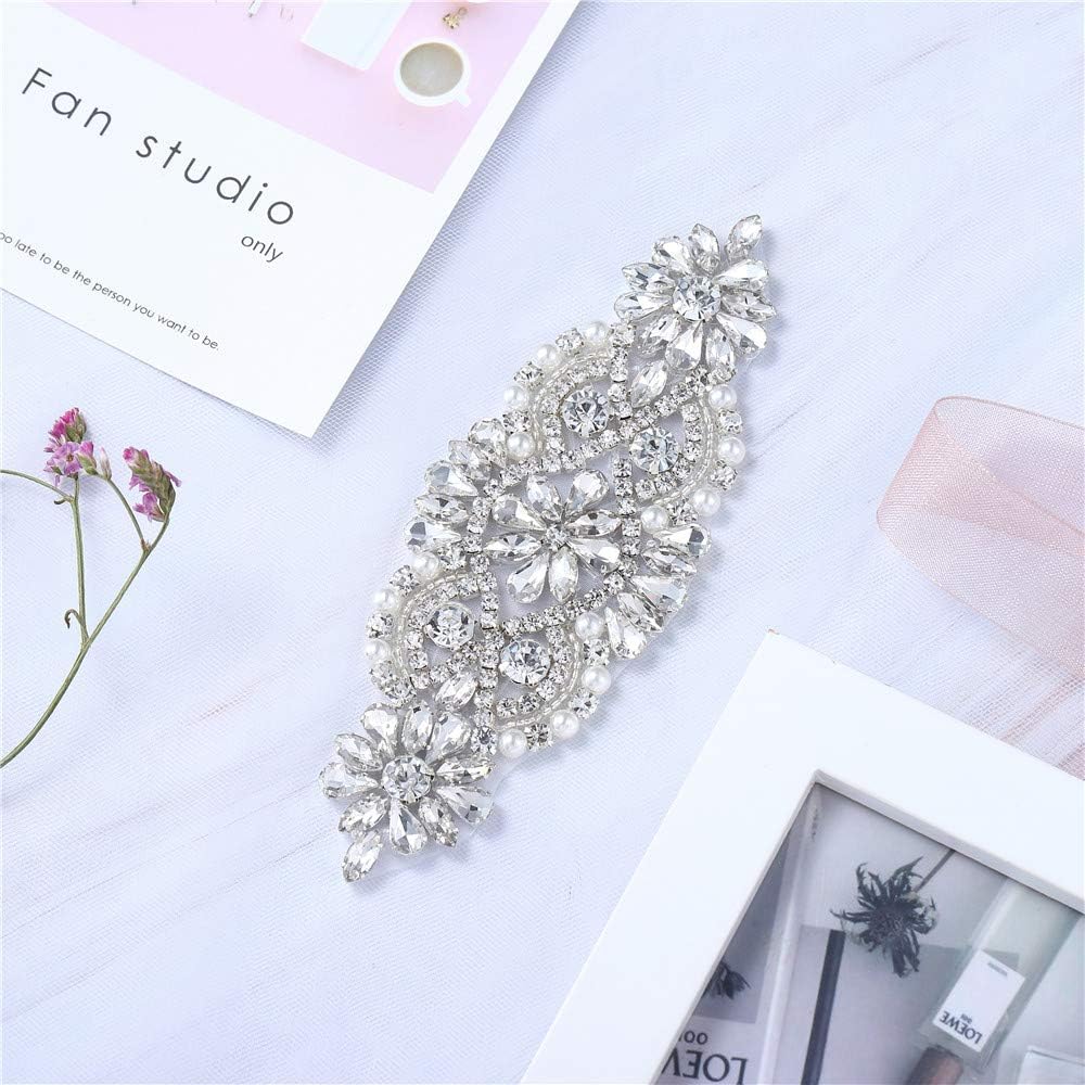 Silver Rhinestone Applique XINFANGXIU Crystal Beaded Patch for Bridal Wedding Dress Sash Belt,1PSC