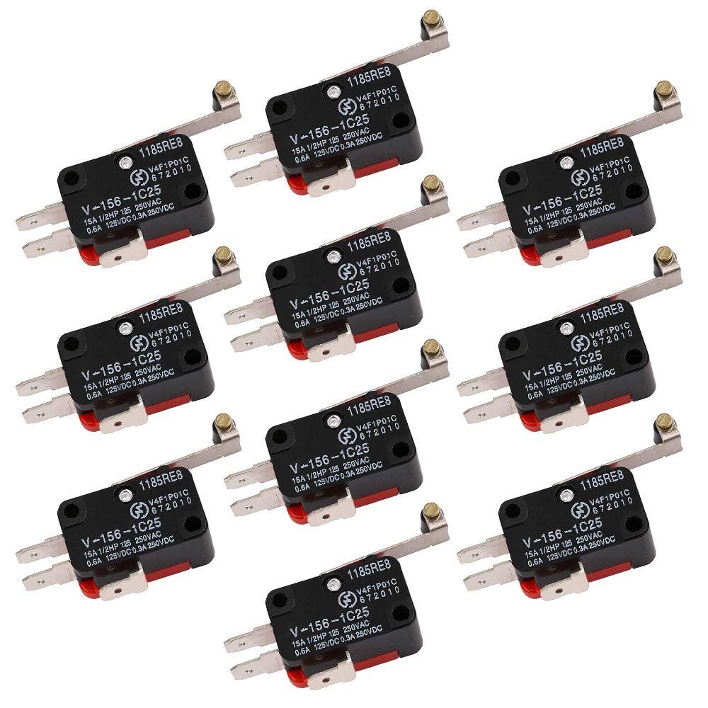 Gebildet 10pieces Micro Limit Switch V-156-1C25, Long Roll Hinge Lever Switch, Roller Lever Switch, Momentary SPDT Snap Action