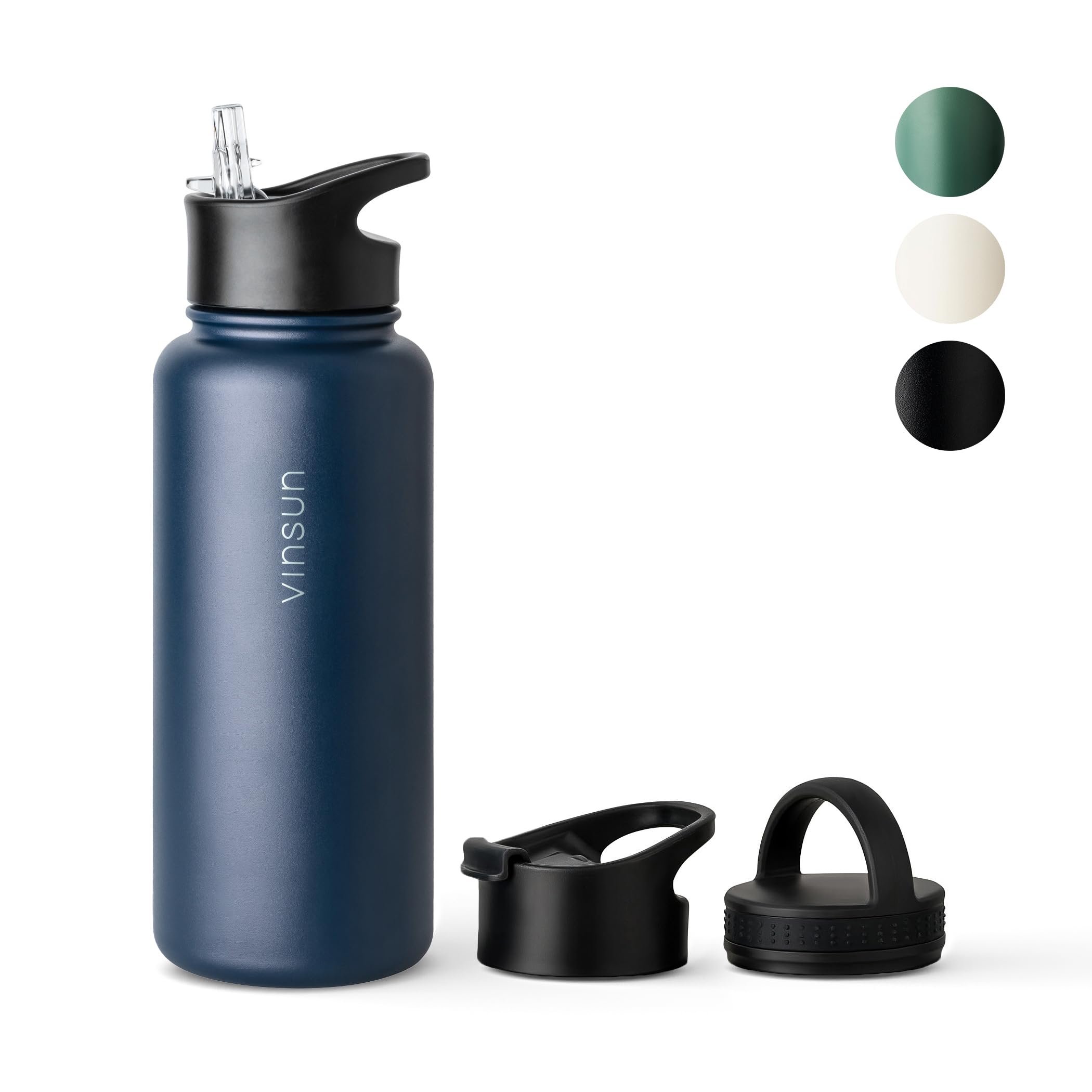 VINSUN Stainless Steel Water Bottle 1L - 3 Lids - Leakproof, Carbonic Acid Suitable, BPA Free - Lightweight Thermo Bottle for Sport, Outdoor, School, Office, Gym