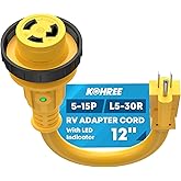 Kohree RV Adapter Plug 30 Amp to 15 Amp 110V, RV Power Adapter 15A Male to 30A Female, RV Dogbone Electrical Adapter Cord 12"