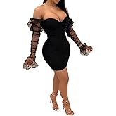 Uni Clau Women Sexy Mesh Sheer Puff Long Sleeve Mini Dress Bodycon Deep V Neck Patchwork Party Clubwear Dress
