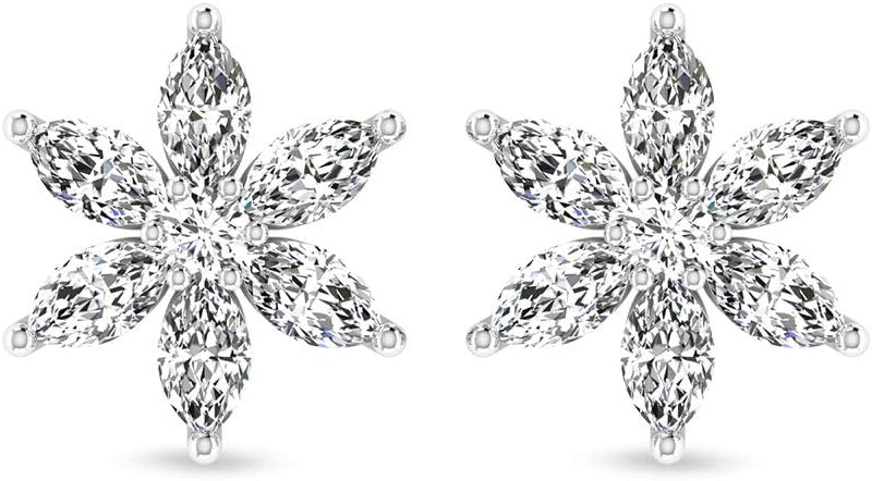 Natural Marquise Diamond Cluster Push Back Earring, 14k White Gold Flower Studs with IGI Certified Diamonds, Fine Prong Set Diamond Earring for Her