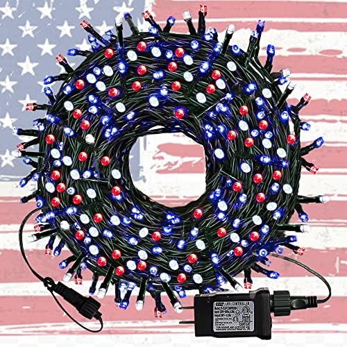 kemooie 300 LED 99Ft Red White and Blue String Lights, 4th of July