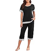 PrinStory Women's Pajama Set Short Sleeve Shirt and Capri Pants Sleepwear Pjs Sets Lounge Set