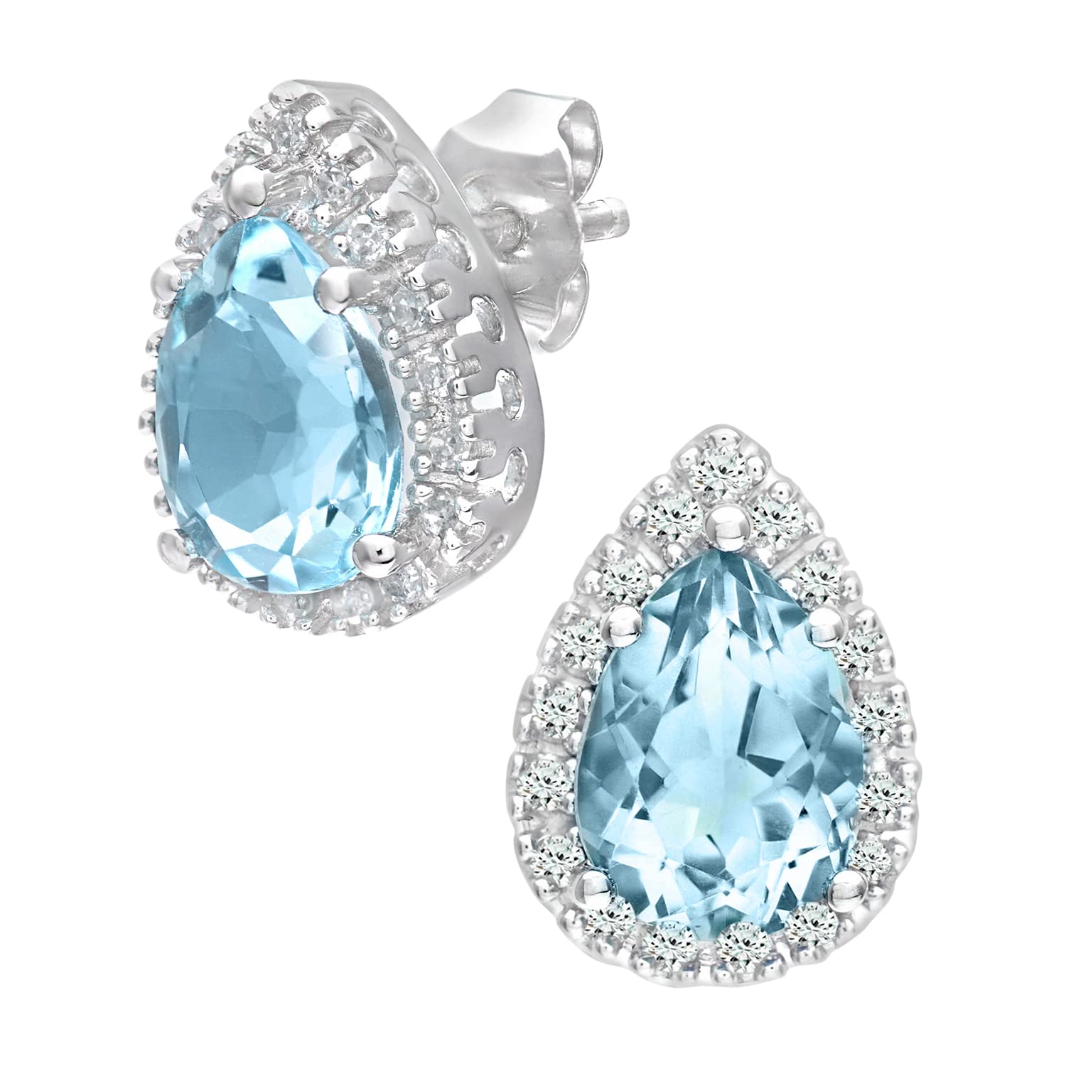 9ct White Gold Women’s Earrings – Blue Topaz Drop Diamond Set Studs - by Elegano