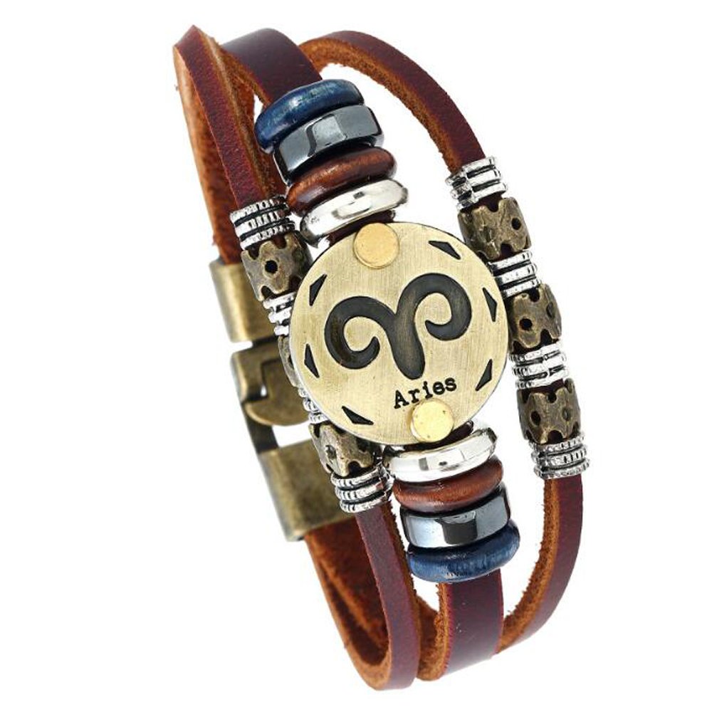 MeiPing Leather Bracelet with Zodiac Sign Pendant, One Size, Leather โ image 1
