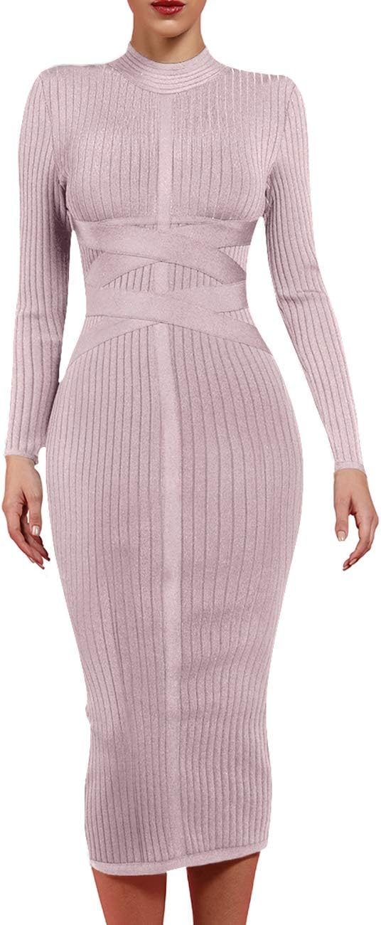 Women's Long Sleeves Cross Strap Ribbed Club Party Midi Bodycon Bandage Dress