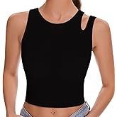 SanxiawaBa Womens Sleeveless Ribbed Tank Top Asymmetrical Shoulder Scoop Neck Casual Basic Fitted Crop Top