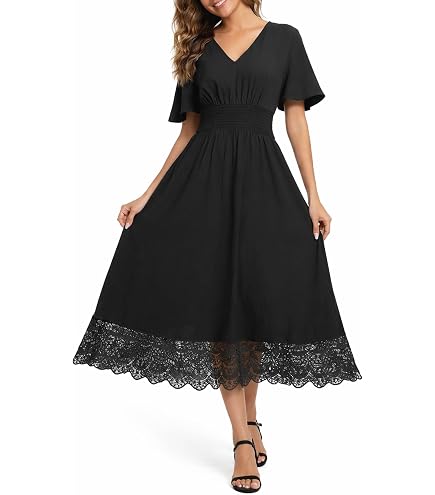 Olaesa Boho Maxi Dress V Neck Short Sleeve Lace Smocked Waist Flowy Dress