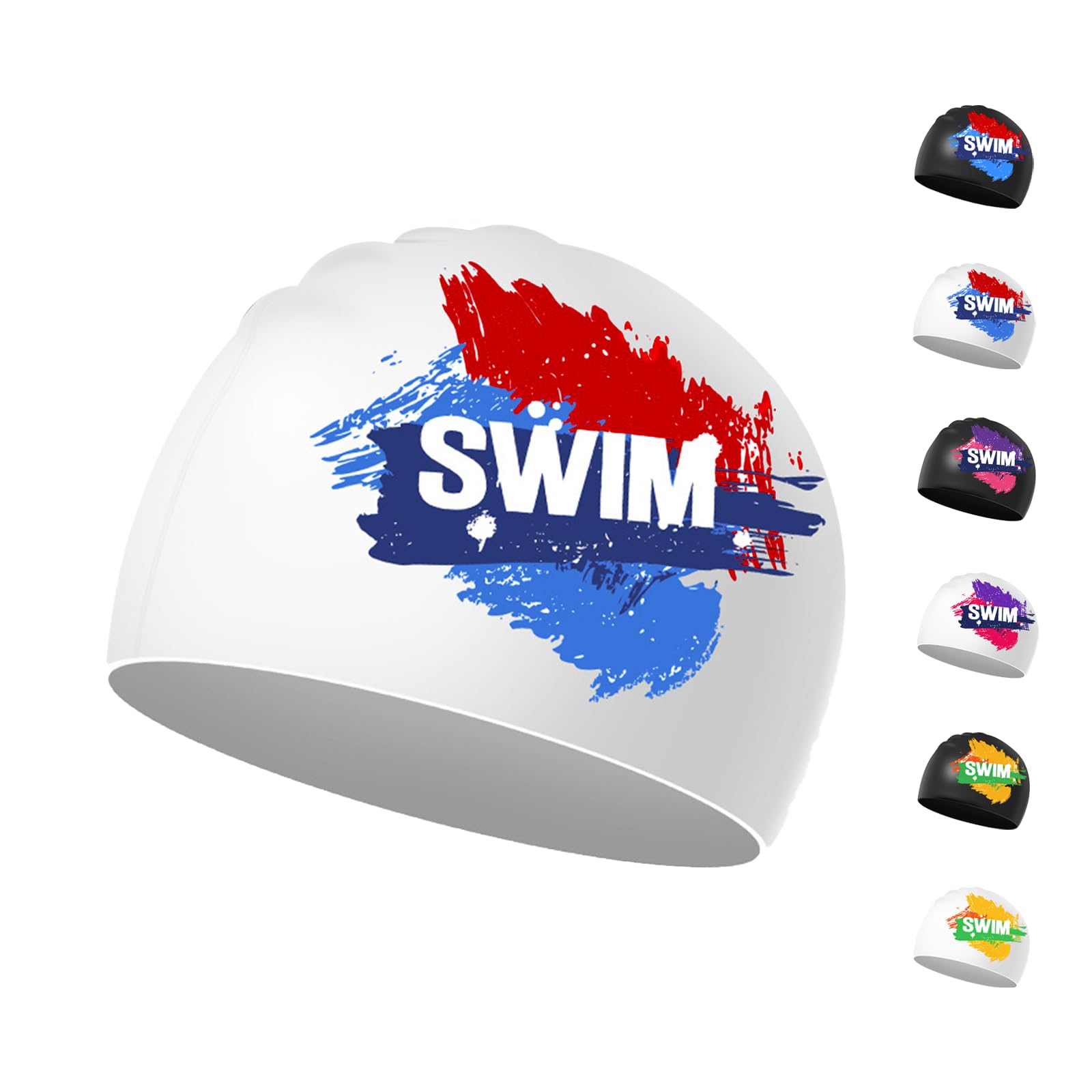 Swimming Cap Kids 6-14 - Swim Cap Kids Swim Hat Kids Swimming Cap Boys Girls, Silicone & Waterproof (White, Blue&Red)