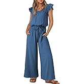Dokotoo Jumpsuits for Women 2026 Summer Ruffle Sleeves Square Neck Rompers Drawstring Overalls with Pockets