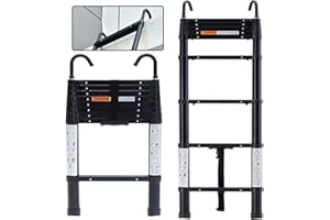 Alohappy Telescopic Ladder with Hooks, 8.9FT One Button Retraction Telescoping Ladder with Non-Slip Feet Slow Down Design Portable Extension Ladder for Household and Outdoor, 330lb Capacity (Black)