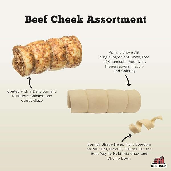 REDBARN PET PRODUCTS ALL-NATURAL SMALL/MEDIUM BEEF CHEEK ROLLS FOR DOGS, CHICKEN & CARROT GLAZED – SINGLE INGREDIENT GRAIN-FREE CHEW TREAT NATURALLY RICH IN COLLAGEN – 5 PACK – PACKAGING MAY VARY