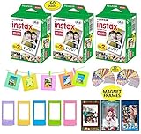 Fujifilm Instax Camera Mini Instant Film, 3 Twin Packs (60 Total Pictures) + 5 Picture Frames + 3 Christmas Magnet Frames (May Vary) + 10 Paper Frames + 60 Sticker Frames.