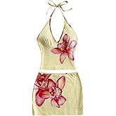 WDIRARA Women's 2 Piece Floral Halter Outfits Camisole Bodycon Mini Skirt Set Vacation Outfits