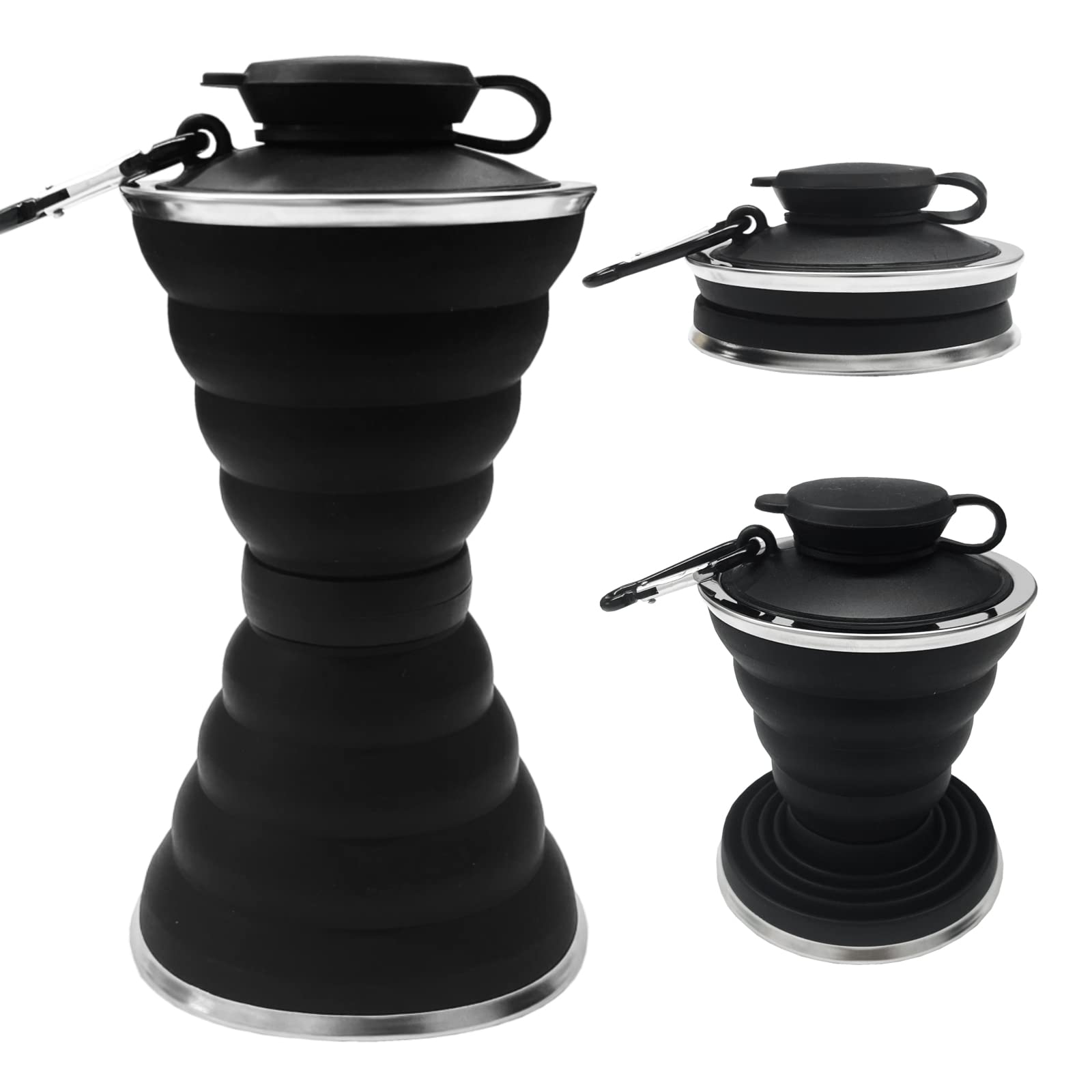 SAKUUMI Collapsible Water Bottle, 500ml Silicone Portable Travel Bottle with Carabiner and Strap Leak-Proof Reusable Foldable Cup for Sports Gym Camping Hiking Cycling Activities, Black, (A32-UK-WB)
