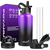 Water Bottle Insulated 32oz 40oz 64oz 128oz Straw Lid Spout Lid & 3 Lids, Leak Proof, Vacuum Insulated,Stainless Steel Water Bottle Wide Mouth for Sports, Gym or Office