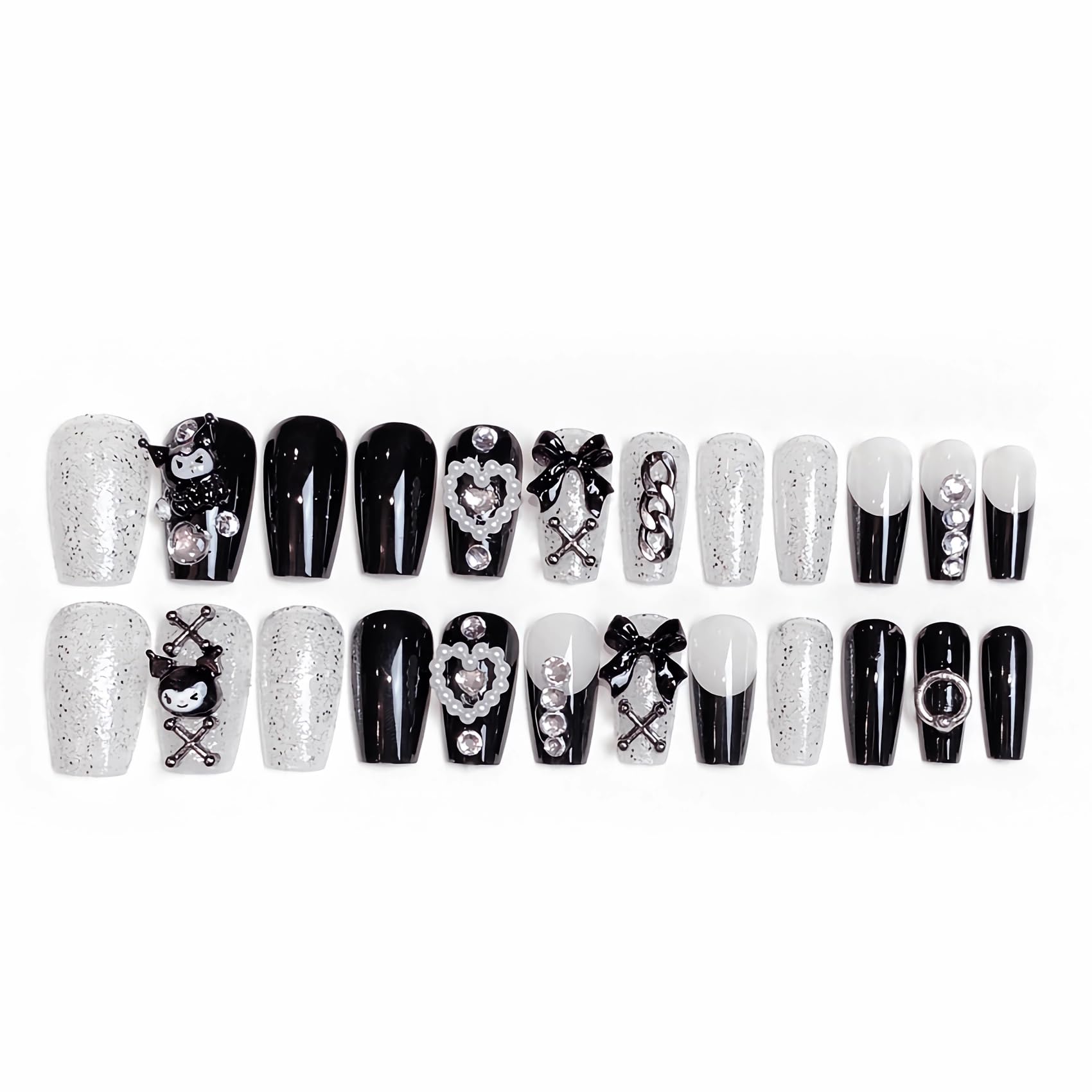 BABALAL Press on Nails Medium Coffin Fake Nails Black French Tip Glue ons Nails Cute Bow Anime Heart Charm Design Acrylic Nails 24Pcs Luxury Bling Ballerina Manicure DIY False Nails - Image 4