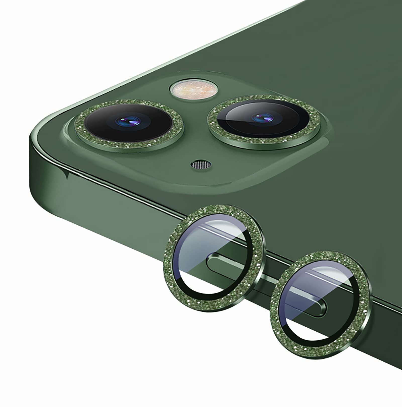 GIOPUEY Camera Protector for iPhone 13, iPhone 13 mini Camera Lens Protector, Shining diamond powder, bling Camera Protection Ring, 9H HD tempered glass - Green