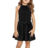 Newffr Girl's Halter Neck Sleeveless Summer Dress Tie Waist A-line Sundress Mini Swing Pleated Dress for Girls 4-12