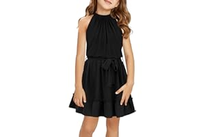 Newffr Girl's Halter Neck Sleeveless Summer Dress Tie Waist A-line Sundress Mini Swing Pleated Dress for Girls 4-12