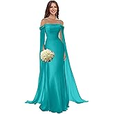Tianzhihe Cold Shoulder Bridesmaid Dresses for Women Chiffon Long Formal Wedding Guest Dress with Capee Sleeves