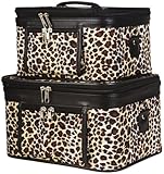 World Traveler 2-Piece Leopard Print Cosmetic Train Case Set, Leopard with Black Trim
