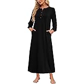 Womens Cotton Long Sleeve Nightgowns Soft Ladies Sleep Shirts Button V Neck Full Length Night Shirts Sleepwear with Pockets