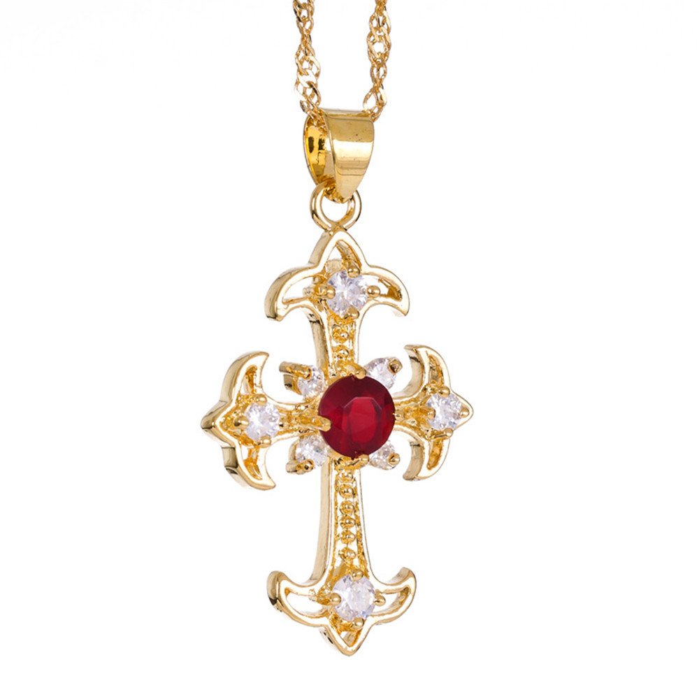 RIZILIA Crucifix Cross Pendant with 45cm(18") Chain & Round Cut Gemstones CZ [Red Ruby] in 18K Yellow Gold Plated, Simple Modern Elegance