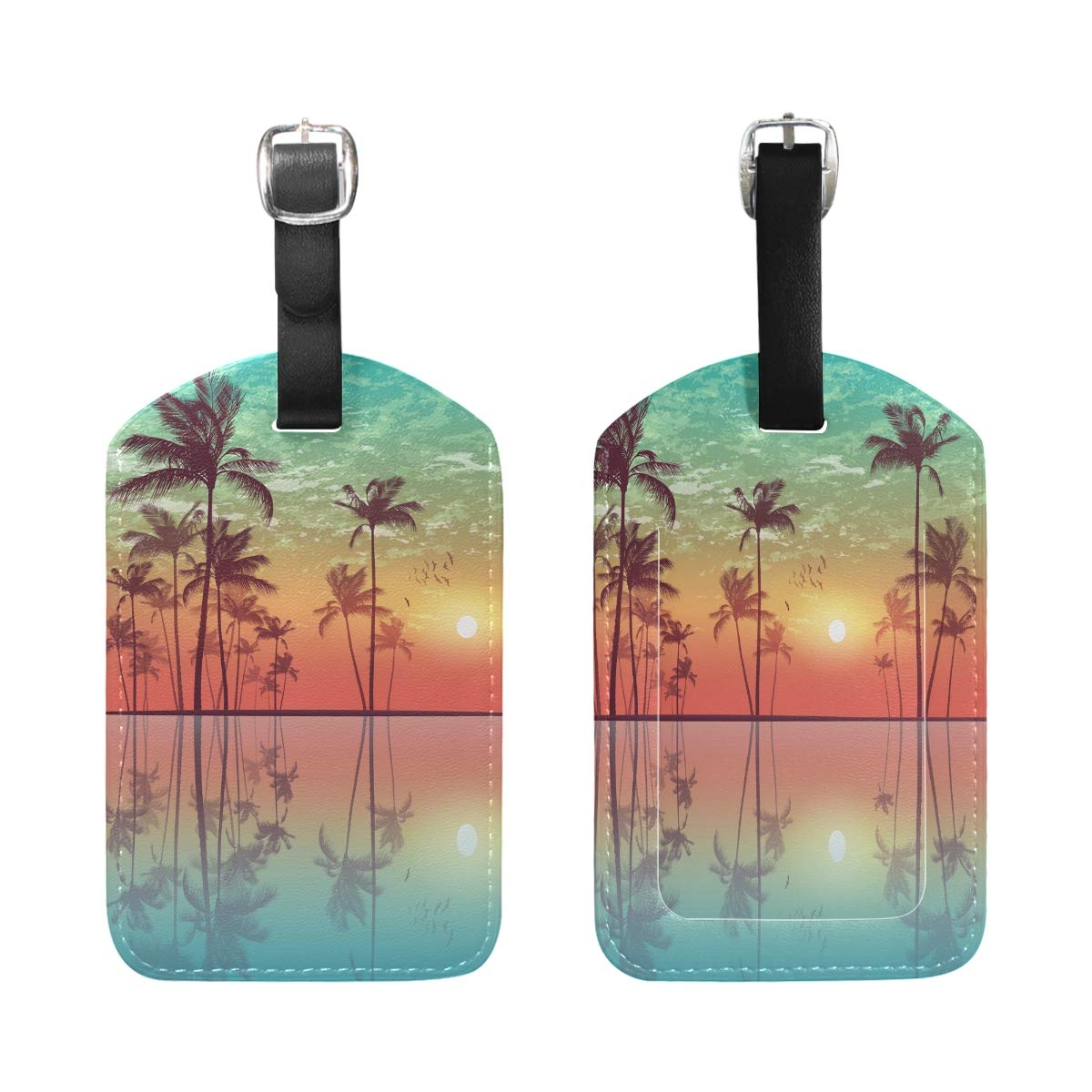 Luggage Tags, Palm Tree Sunset Printed 2 Pack PU Case Suitcase ID Tag Labels Travel Bag Baggage