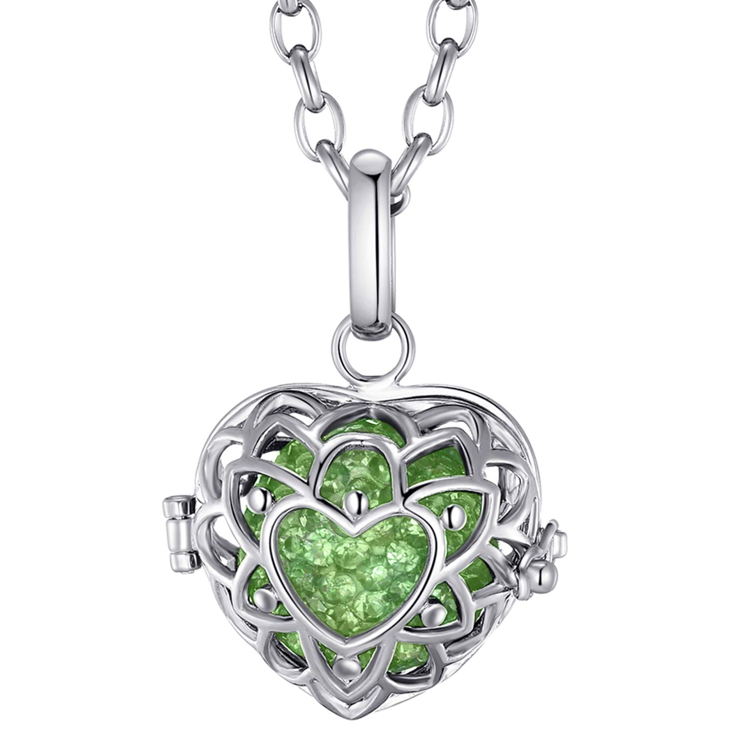 Morella Women Necklace Stainless Steel 70 cm 27,5" with Heart-Shaped Pendant with Sound Ball Zirkonia Green Ø 16 mm 0,63" in a Velvet Jewelry Bag