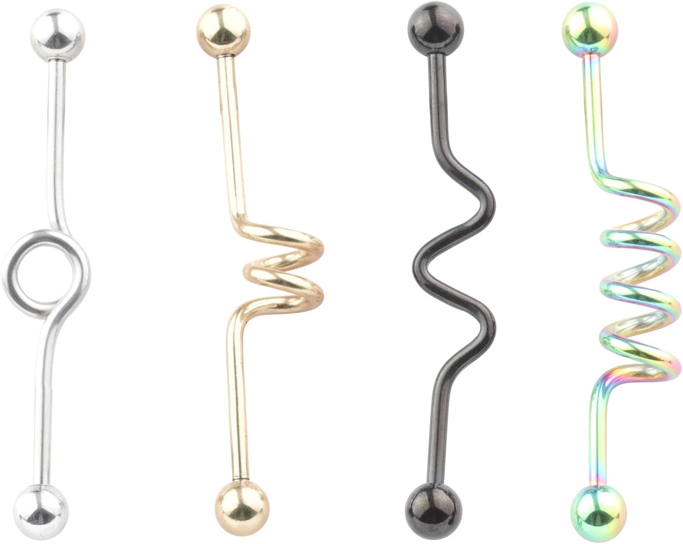 4pcs 14G Industrial Barbell Earring Stainless Steel Cartilage Earring 5mm Ball Body Piercing Coil/Wave/Twister/Spiral/Heart