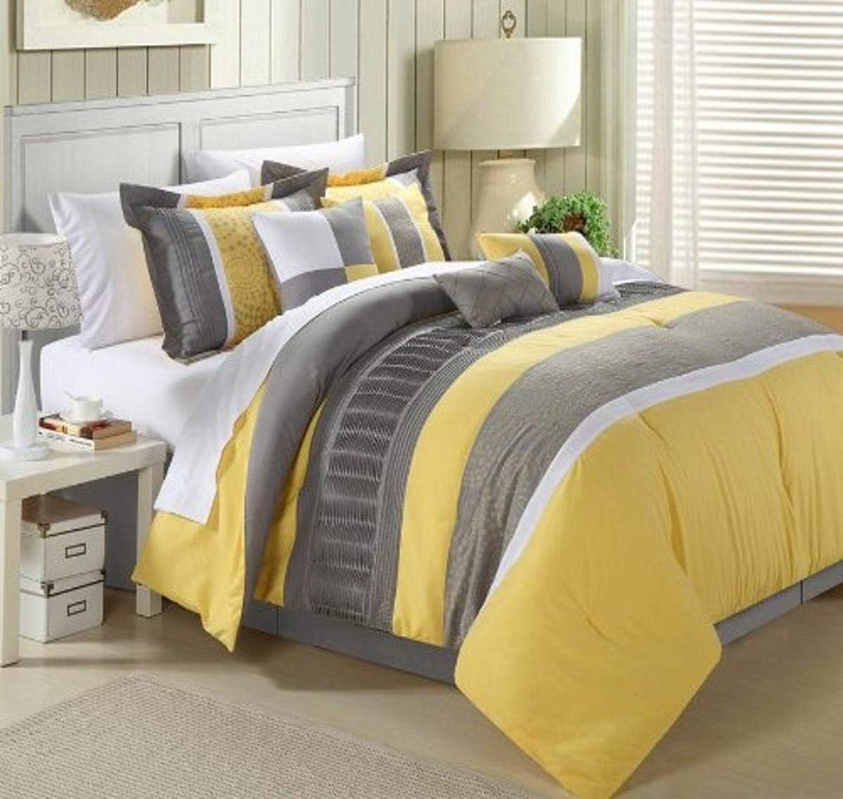 Chic Home 43CQ111-AN 8-Piece Embroidery Comforter Set, Queen, Euphoria Yellow