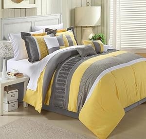 Chic Home 43CQ111-AN 8-Piece Embroidery Comforter Set, Queen, Euphoria Yellow