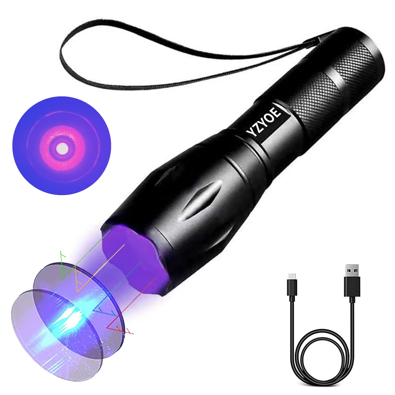 YZYOE 365 nm Black Light Flashlight Powerful Rechargeable,Fluorescent Agent Detection Lamp, Jade, Jewelry, Paper Money, Fungal Detector,LED UV Flashlights 1 Mode Detection Light.