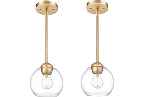 Emak Modern Gold Pendant Light Fixtures, 7 Inch Globe Pendant Lights with Clear Glass, 1 Light Hanging Lights for for Kitchen Island, Bathroom, Dining Room, Bedroom, Hallway, 2 Pack, PL119-GD-2PK