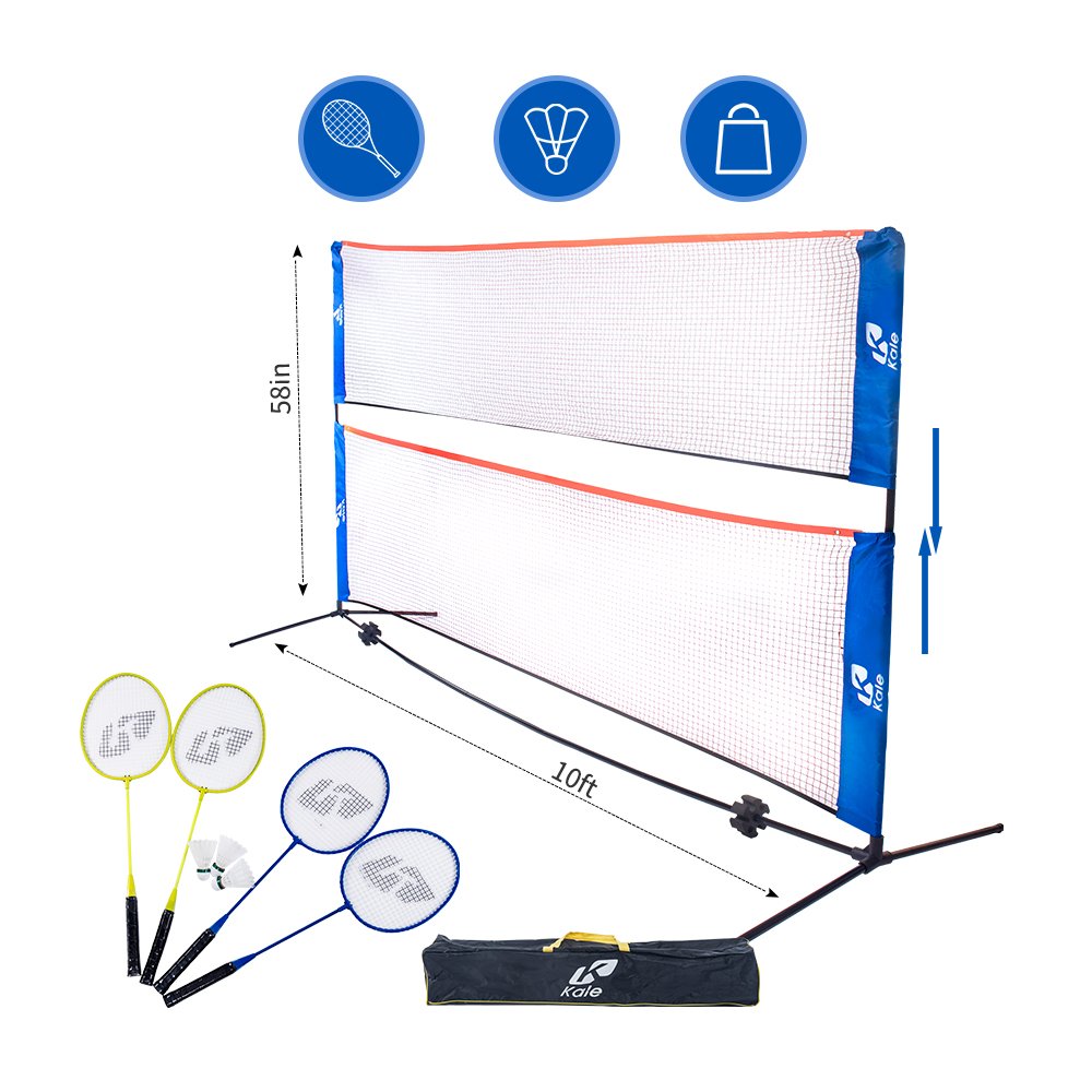 Kale Badminton Set for Adults and Kids with 10 Feet Net Stand Frame 4 Badminton Rackets and 3 Balls