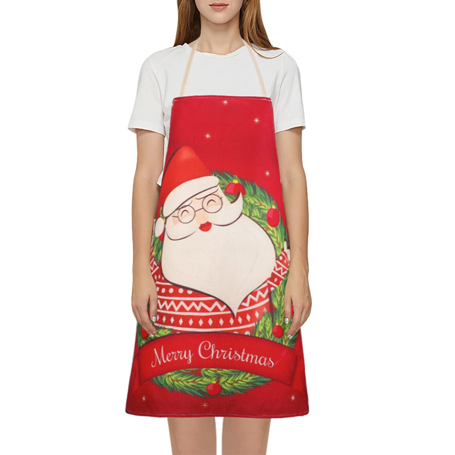 Adult Christmas Aprons Santa Claus Apron Adjustable Kitchen Aprons Funny Cartoon Baking Apron Cotton and Linen Aprons for Women Men Xmas Party Chef Cooking Restaurant Baking BBQ Dinner Party Supplies