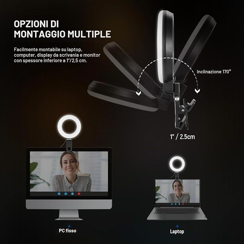 BASICS Ring Light 5" per Video Conferenza, Kit Luce a Clip con Treppiede Tavolo (2pz) per Monitor Laptop Computer Chiamate Zoom Streaming Live Lavoro a Distanza Studio Registrazione Video, BR60