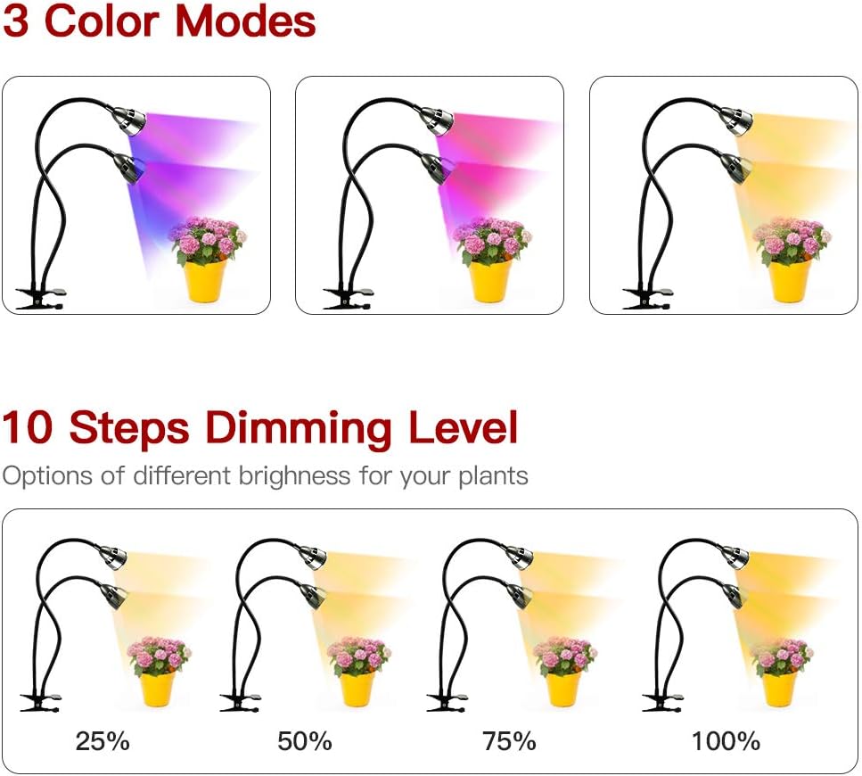 LED Grow Light for Indoor Plants,Full Spectrum Dual Head Desk Clip Plant Light for Seedling Blooming,Adjustable Gooseneck & Timer Setting 3H/9H/12H,3 Color Modes: Home Improvement