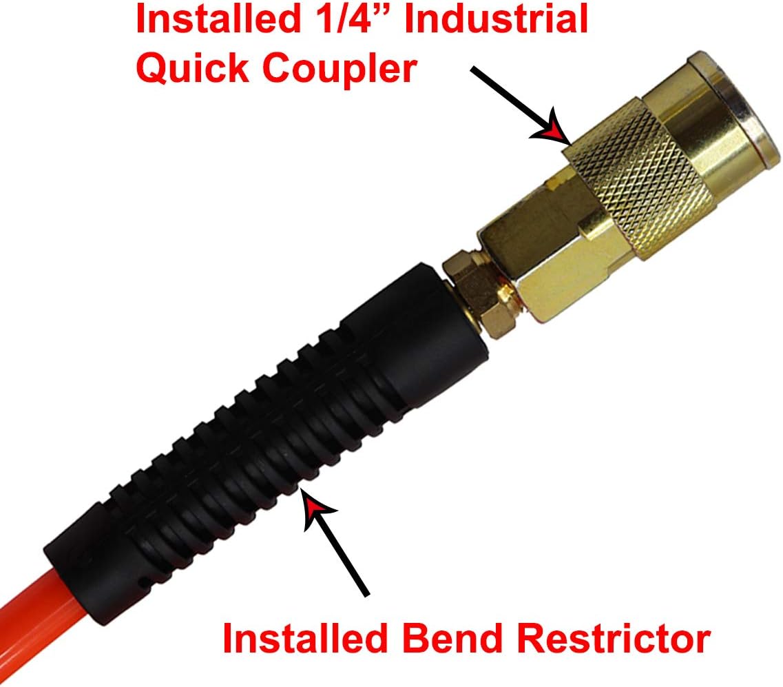 YOTOO Polyurethane Recoil Air Hose 1/4 in by 25 ft with Bend Restrictor, 1/4" Industrial Quick Coupler and Plug, Red - - 