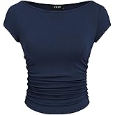 CIDER Women Ruched Crop Top Cap Sleeve Tee Boat Neck Fitted T Shirts