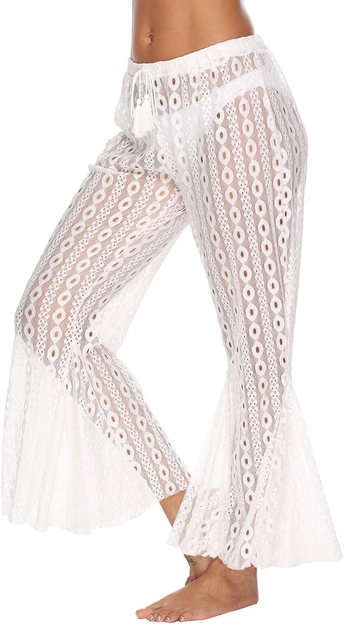 Womens Cover Up Pants Sexy Hollow Out Crochet High Waist Mesh Beach Bikini Swimsuits Pants